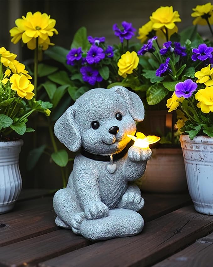 Solar Garden Statue - Puppy with Butterfly