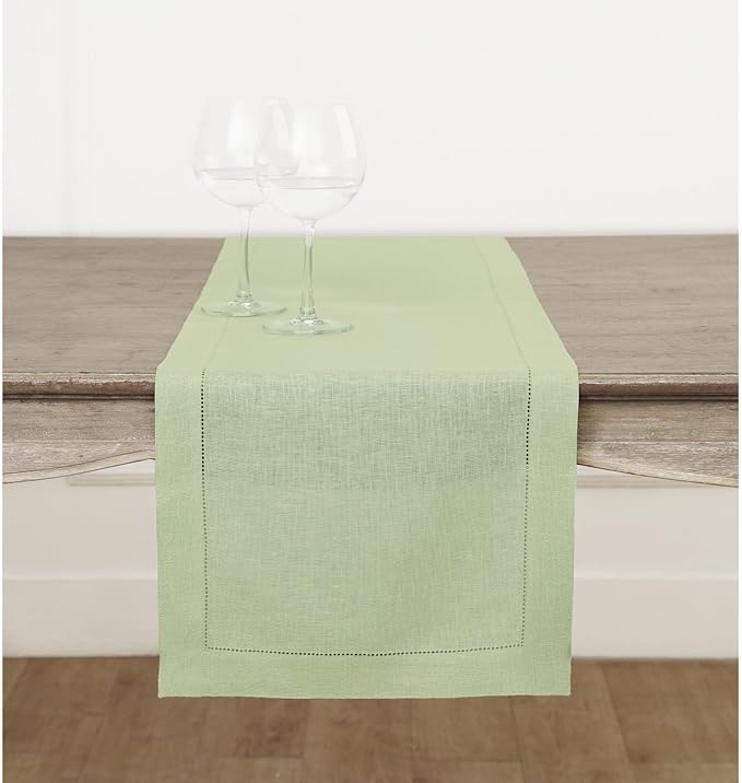 100% Pure Linen Hemstitch Table Runner 14 x 60 Inch - Sagie Green