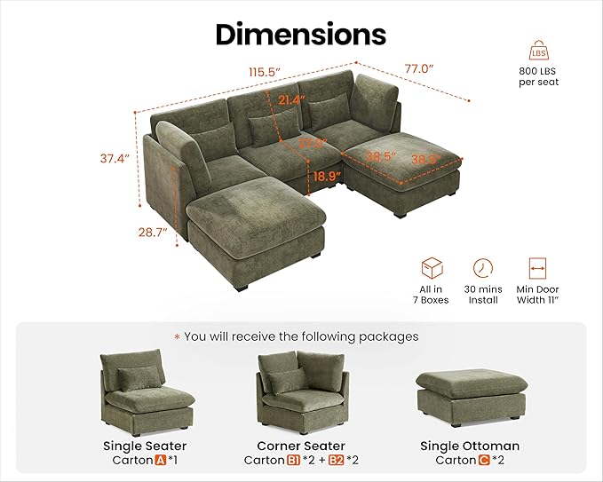 Oversized Extra Deep Cloud Chenille Modular Sectional Couch with Double Chaise in Olive Green