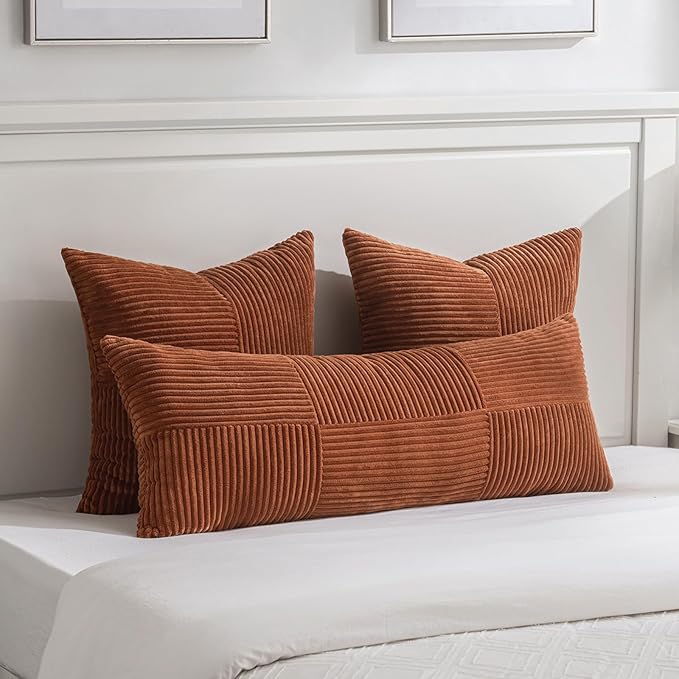 Set of 2 Burnt Orange Soft Corduroy Pillow Covers - 12 x 24 inch
