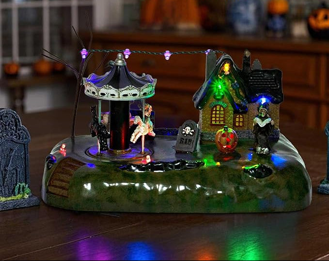 Animated Halloween Village House with Merry-Go-Round and LED Lights - Battery Operated