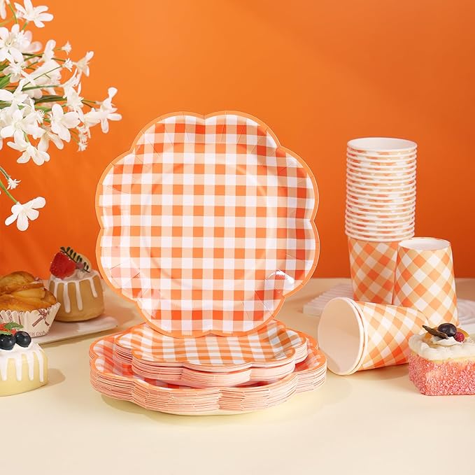 175 Pcs Orange and White Gingham Party Supplies - Serve 25 Guests