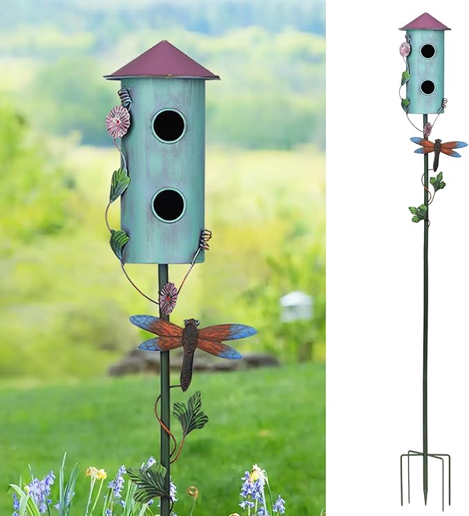 BAYN 57” Metal Wild Bird Feeder Double-Hole Birdhouse Stake