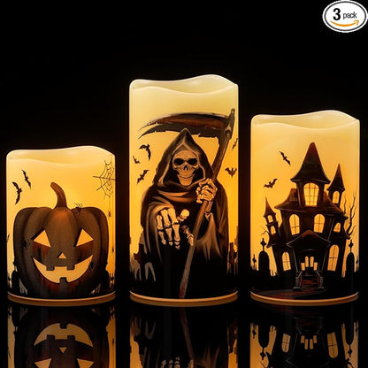 Set of 3 Halloween Flameless Flickering Candles with 6 Hour Timer  - Grim Reaper/Haunted House/Pumpkin