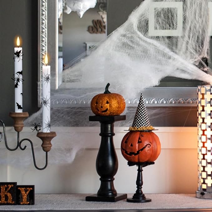 Set of 6 LED Flickering Halloween Taper Candles - Battery Operated, Real Wax with Spider Webs/Skull/Bats