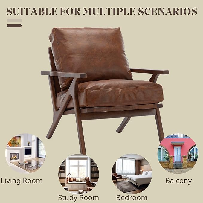 Wahson Brown Leather Mid-Century Modern Accent Chair and Ottoman Set in Faux Leather