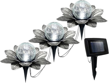 Set of 3 Silver Gray Lotus Flower Pathway Lights with Cool White Crackle Glass