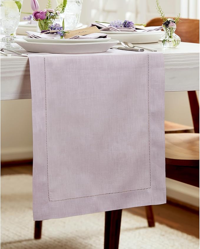 00% Pure Linen Hemstitch Table Runner 14 x 72 Inch - Lilac