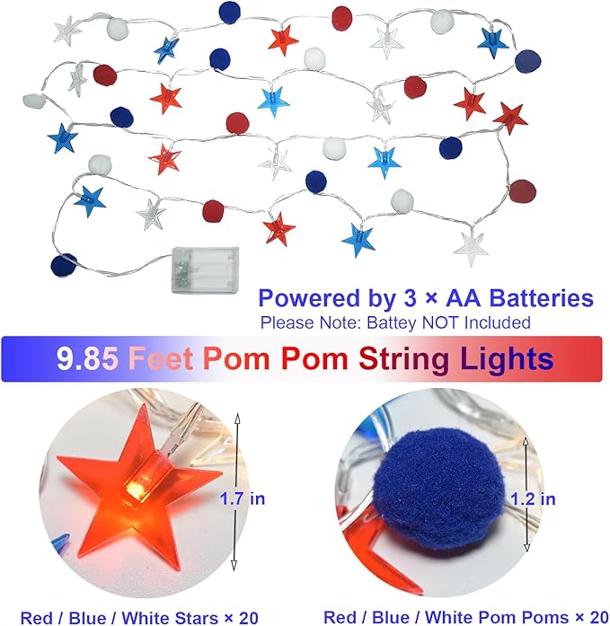 Red White and Blue Star/Pom Lights - Battery Operated