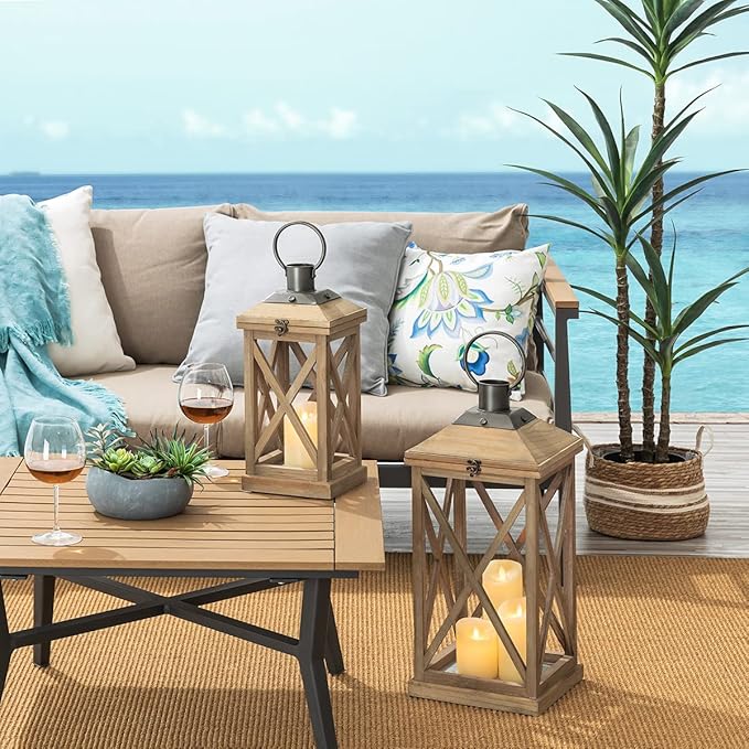 Set of 2 Modern Farmhouse Wood and Metal Lanterns - Natural (No Glass)