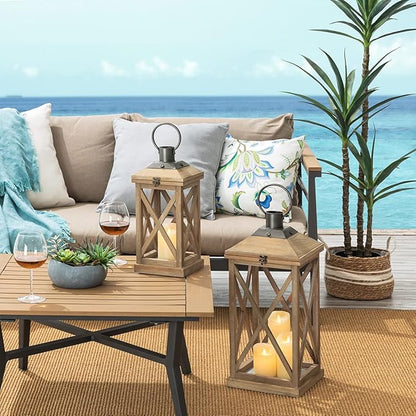 Set of 2 Modern Farmhouse Wood and Metal Lanterns - Natural (No Glass)