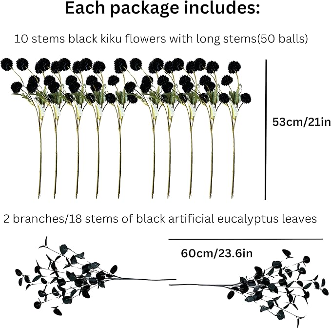 Set of 10 Black Faux Silk Mum Balls + Black Eucalyptus Stems