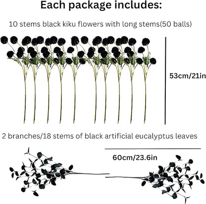 Set of 10 Black Faux Silk Mum Balls + Black Eucalyptus Stems