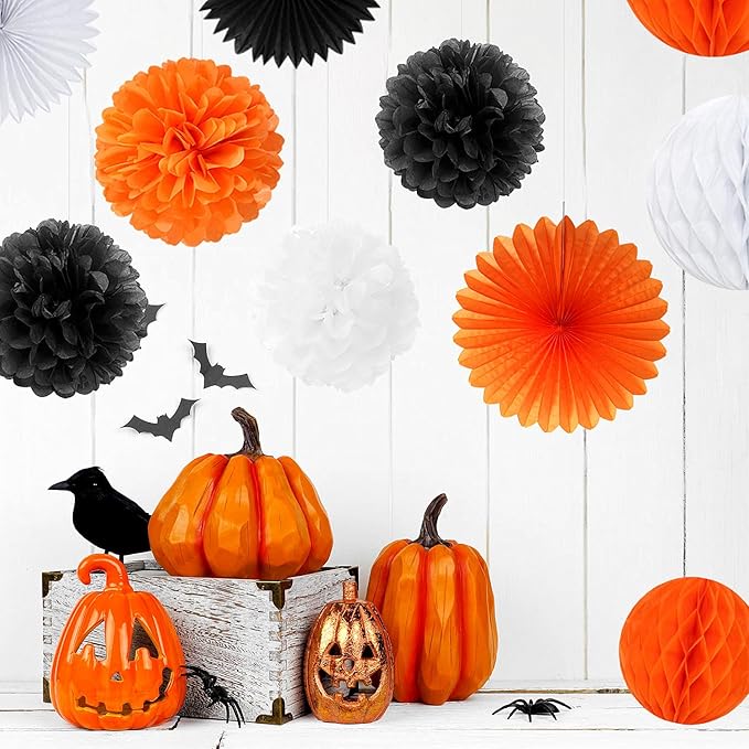 13 Piece Orange &amp; Black Halloween Party Decorations - Banner + Poms
