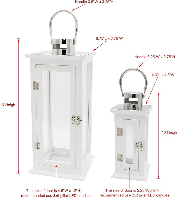 Set of 2 Wood Hurricane Candle Lanterns in White