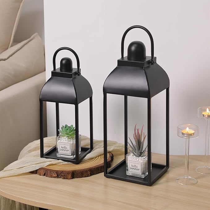Set of 2 Modern Farmhouse Candle Lanterns - Black Metal