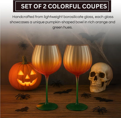 Pumpkin Lightweight Wine Glasses - Set of 2 Orange &amp; Green