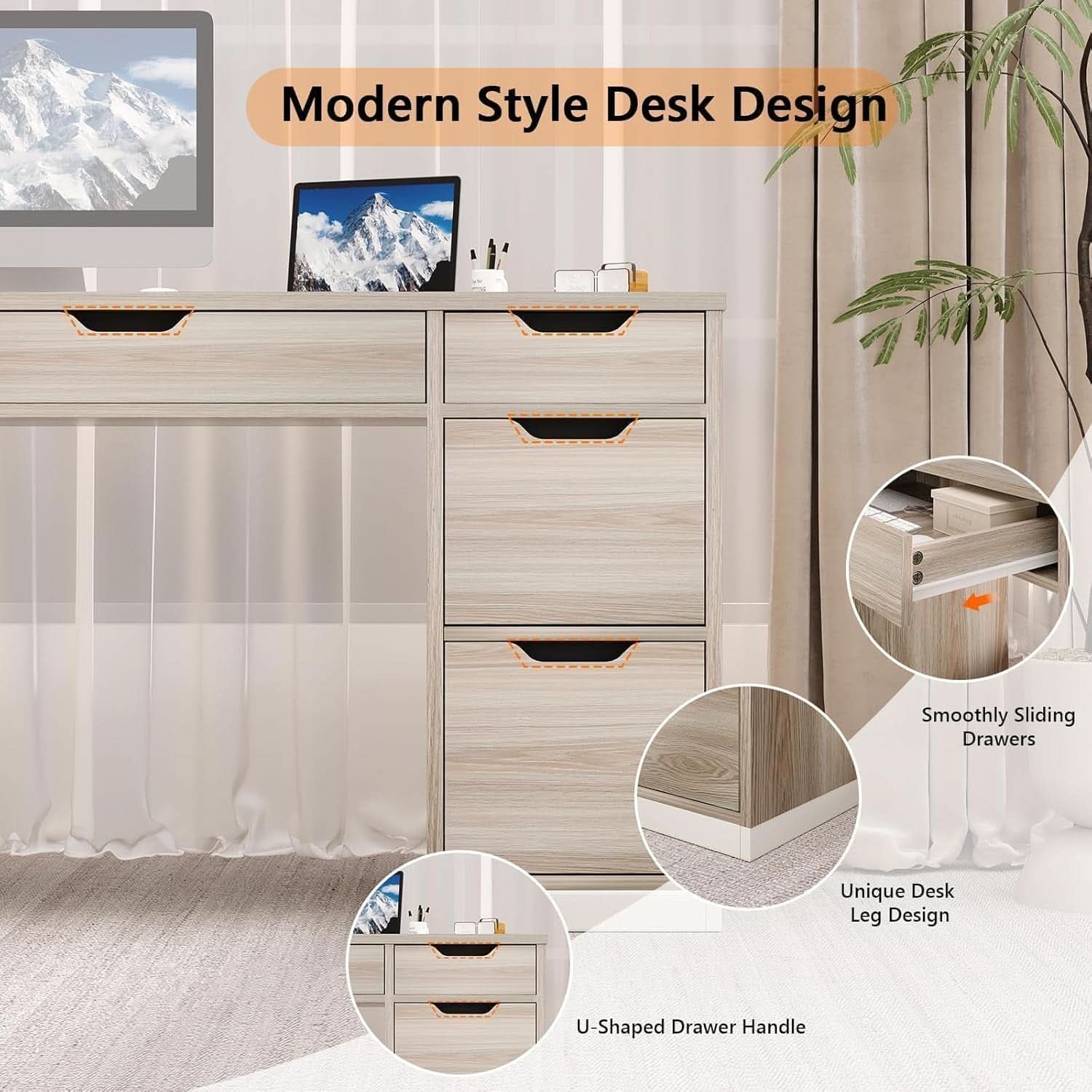54 Inch Computer Desk With Storage Drawers - White Walnut