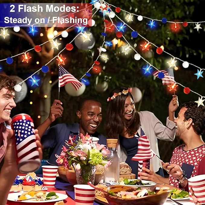 Red White and Blue Star/Pom Lights - Battery Operated