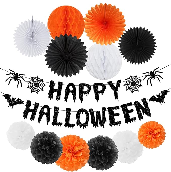 13 Piece Orange &amp; Black Halloween Party Decorations - Banner + Poms