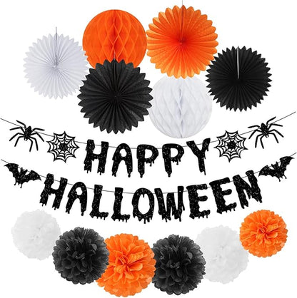 13 Piece Orange &amp; Black Halloween Party Decorations - Banner + Poms