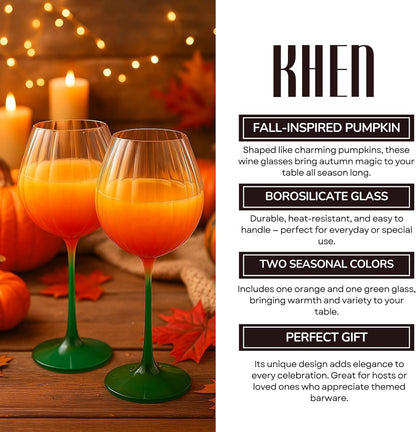 Pumpkin Lightweight Wine Glasses - Set of 2 Orange &amp; Green