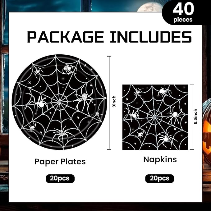 Set of 40 Halloween Paper Plates and Napkins Party Supplies - Spider Web