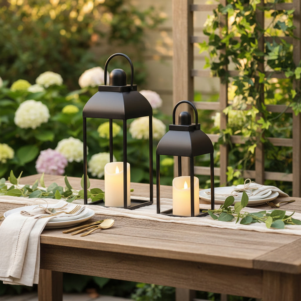 Set of 2 Modern Farmhouse Candle Lanterns - Black Metal