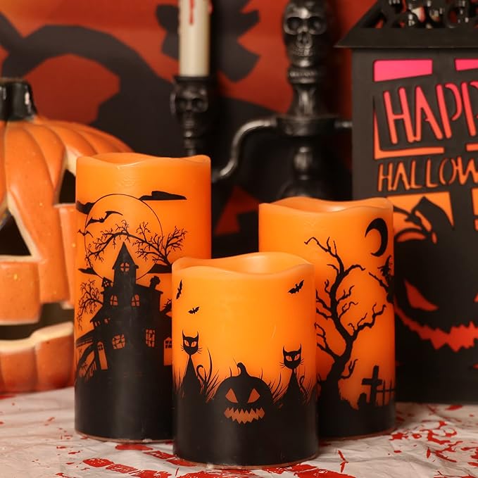 Flickering Flameless LED Candles with Timer - Set of 3, Halloween Scenes