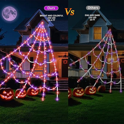 Halloween LED Lighted Spider Web - 16.4 ft Giant Halloween Decoration with 8 Lighting Modes, Orange &amp; Purple