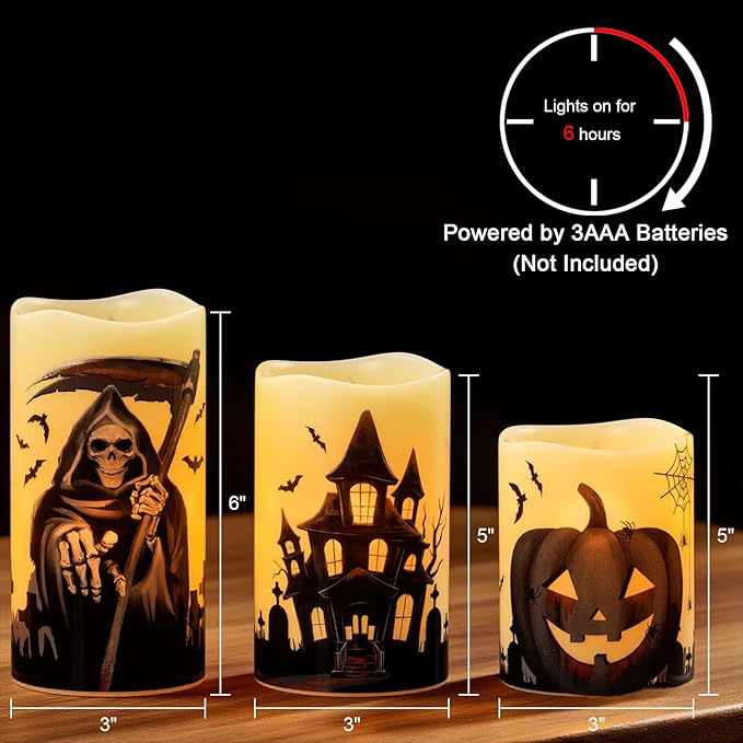 Set of 3 Halloween Flameless Flickering Candles with 6 Hour Timer  - Grim Reaper/Haunted House/Pumpkin