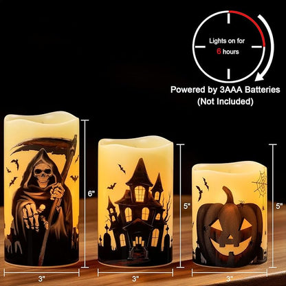 Set of 3 Halloween Flameless Flickering Candles with 6 Hour Timer  - Grim Reaper/Haunted House/Pumpkin