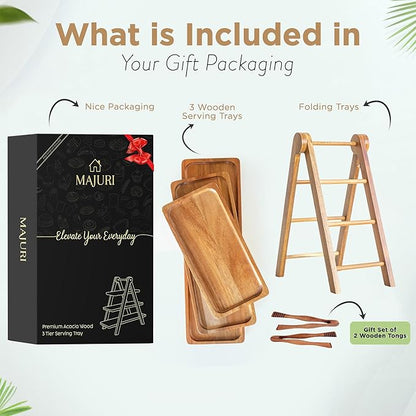 3 Tier Wooden Serving Tray with Tongs