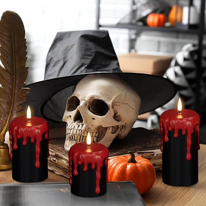 Set of 3 Halloween Flameless Candles with 6H Timer - Black/Red