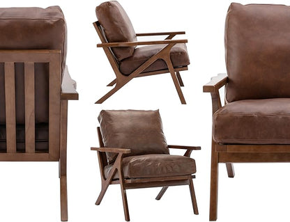 Wahson Brown Leather Mid-Century Modern Accent Chair and Ottoman Set in Faux Leather