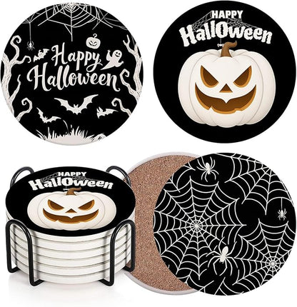 Set of 6 Happy Halloween Absorbent Round Ceramic Stone Drink Coasters with Cork Base and Metal Holder
