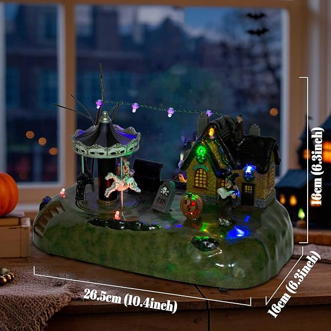 Animated Halloween Village House with Merry-Go-Round and LED Lights - Battery Operated