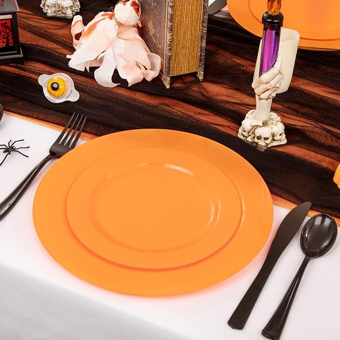 Set of 60 Heavy Duty Orange Plastic Plates Disposable for Halloween &amp; Thanksgiving Parties - Serves 30 Guests