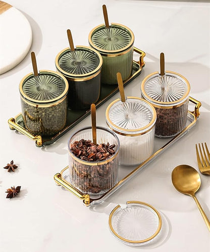 Acrylic Condiment Spice Jars with Lids, Spoons, Tray - Clear