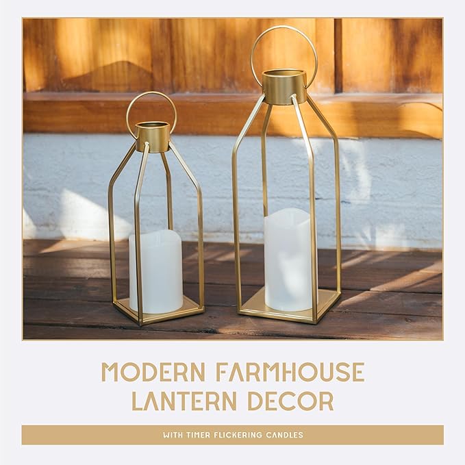 Set of 2 Modern Farmhouse Metal Candle Lanterns - Gold