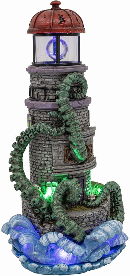 Kraken Theme Spooky Halloween Village Lighthouse w/ Animated Rotating Food Light and Music - 6" x 5.5" x 12"
