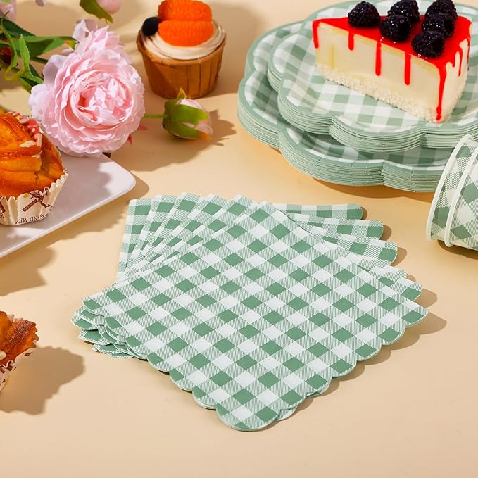 175 Pcs Sage Green Gingham Party Supplies - Serve 25 Guests