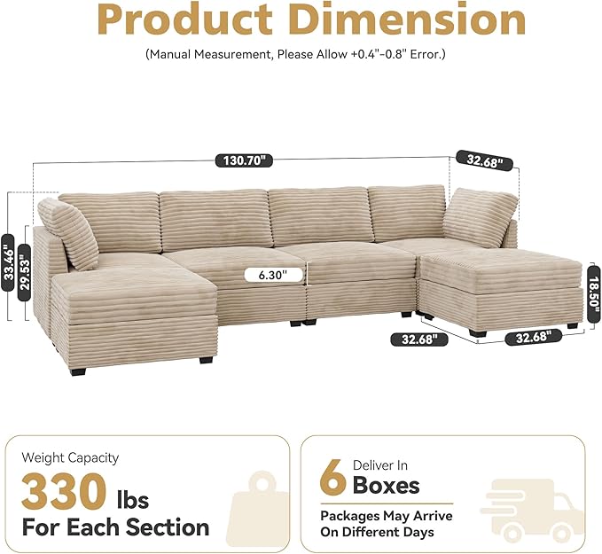 Ultra Comfy Cloud Sectional with Two Movable Ottomans in Plush Beige