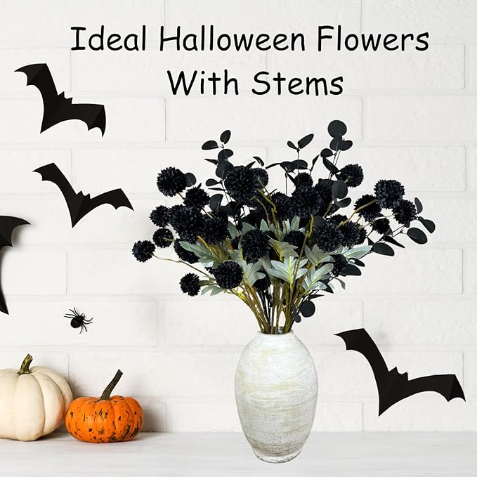 Set of 10 Black Faux Silk Mum Balls + Black Eucalyptus Stems