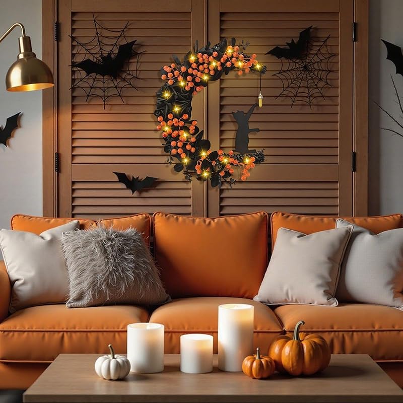 Halloween Black Cat Crescent Moon Wreath