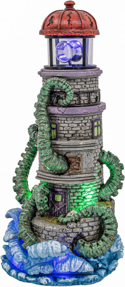 Kraken Theme Spooky Halloween Village Lighthouse w/ Animated Rotating Food Light and Music - 6" x 5.5" x 12"