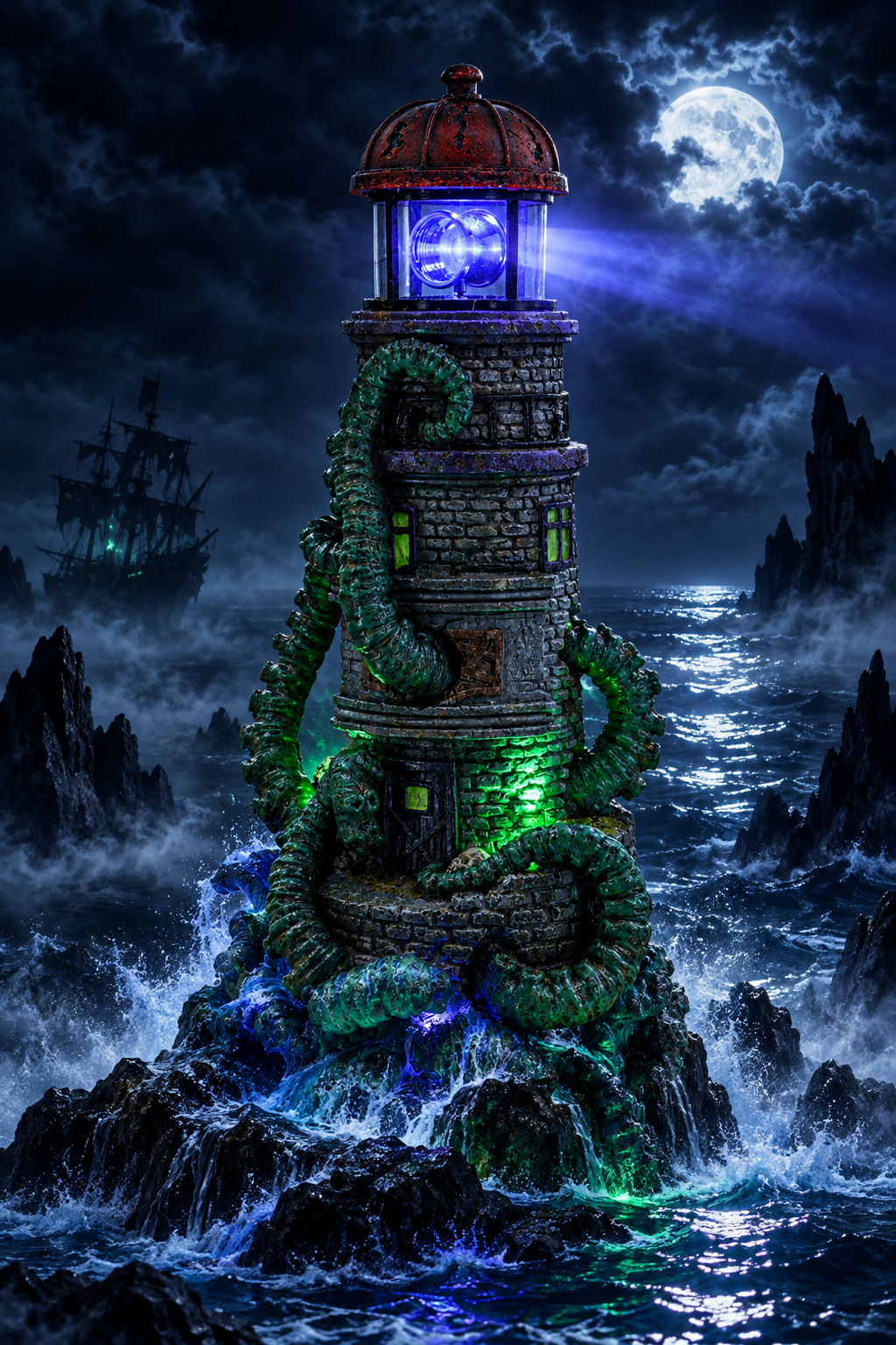 Kraken Theme Spooky Halloween Village Lighthouse w/ Animated Rotating Food Light and Music - 6" x 5.5" x 12"