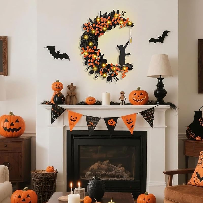 Halloween Black Cat Crescent Moon Wreath