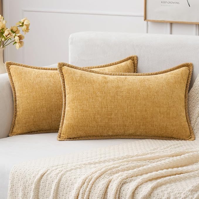 Set of 2 Stitched Edge Soft Chenille Pillow Covers - 12 x 20 inch,  Gold