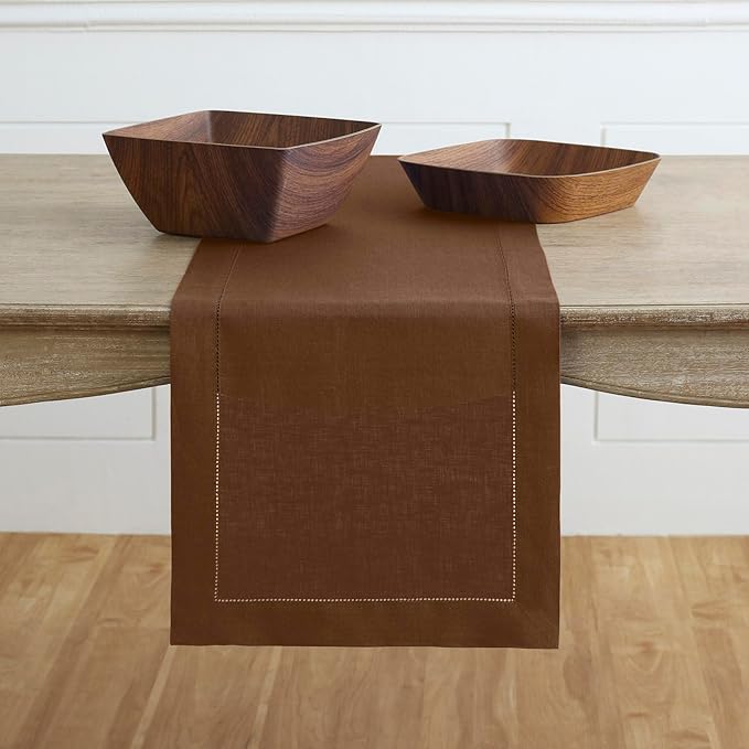 100% Pure Linen Hemstitch 14 x 90 Inch Table Runner - Cocoa